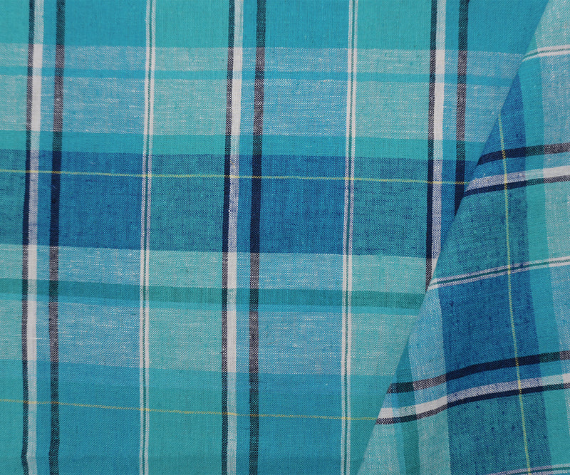 Turquoise-White-Multi Cotton Plaid Madras Woven Fabric