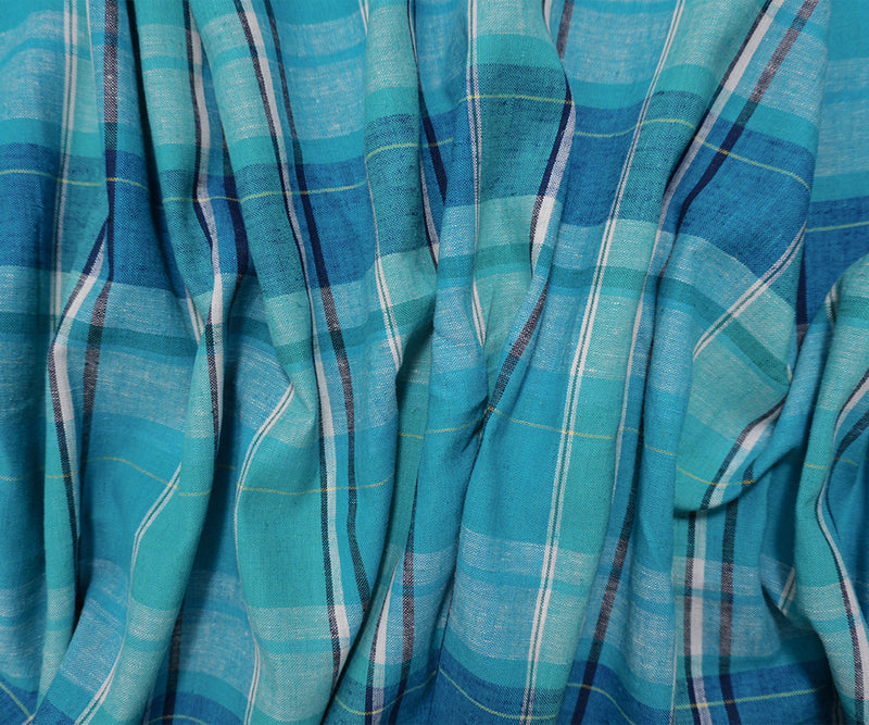Turquoise-White-Multi Cotton Plaid Madras Woven Fabric