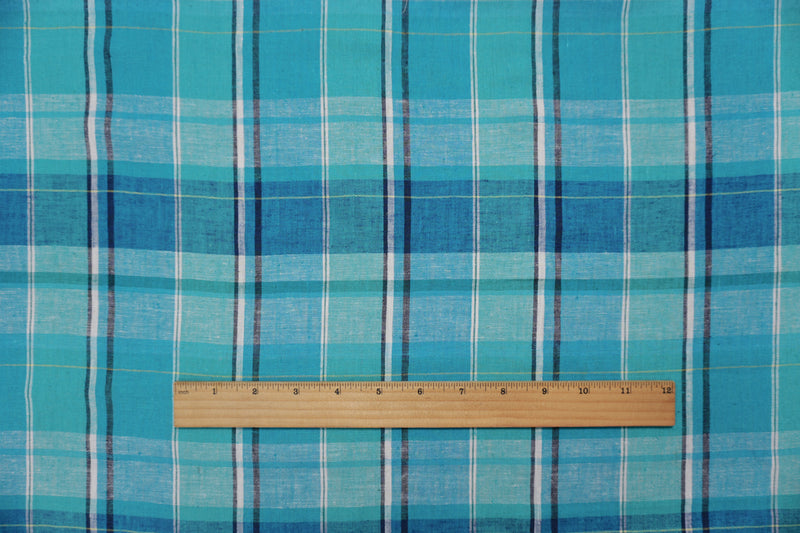 Turquoise-White-Multi Cotton Plaid Madras Woven Fabric