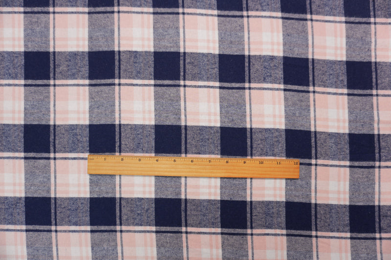 Blue-Pink-White Cotton Plaid Twill Flannel Woven Fabric