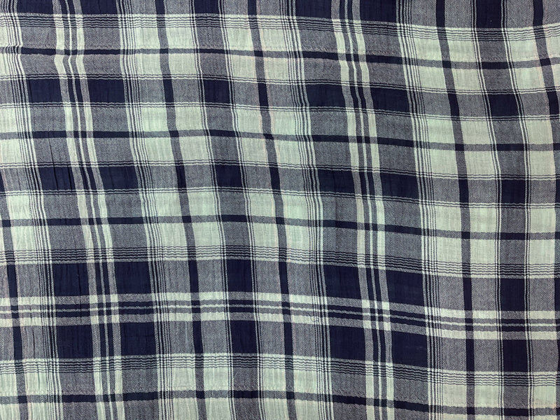 Navy-Light Teal-Multi Cotton Plaid Crinkled Twill Woven Fabric