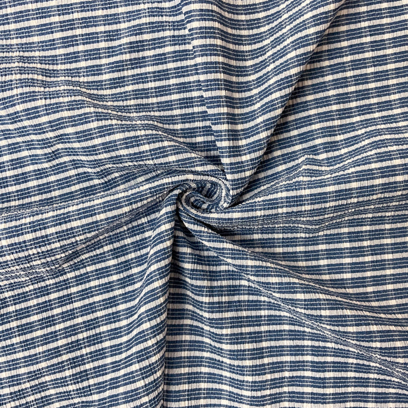 Blue-White Poly Spandex Stretch Check Crinkled Woven Fabric