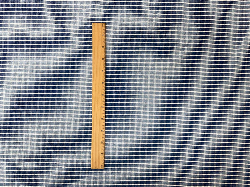 Blue-White Poly Spandex Stretch Check Crinkled Woven Fabric