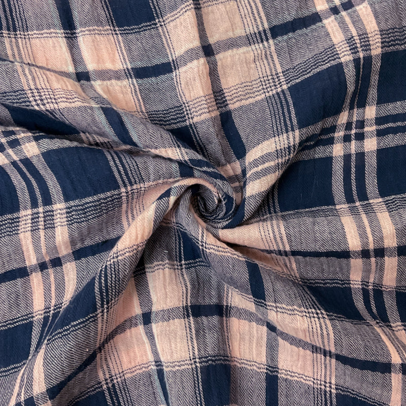 Pink-Deep Navy Cotton Spandex Stretch Plaid Twill Woven Fabric