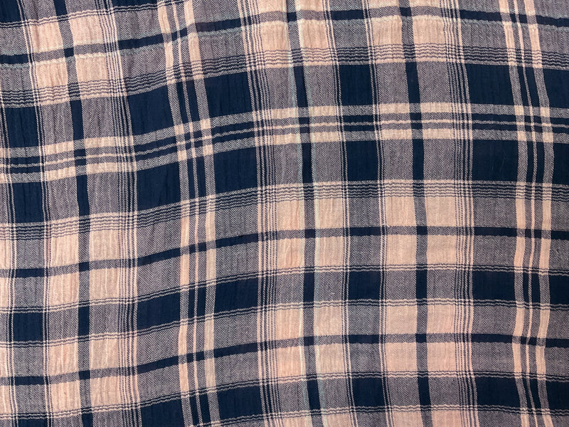 Pink-Deep Navy Cotton Spandex Stretch Plaid Twill Woven Fabric