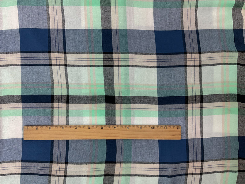 Blue-Green-Multi Rayon Plaid Twill Woven Fabric
