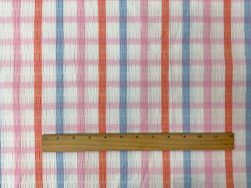 Pink Cotton Plaid-Check Seersucker Woven Fabric