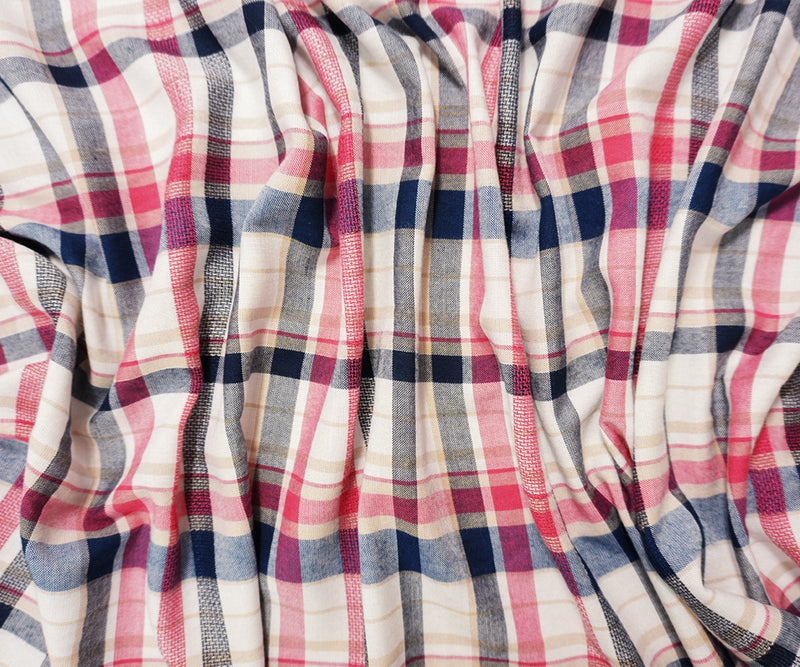 Red-Navy-Multi Rayon Plaid Dobby Challis Woven Fabric