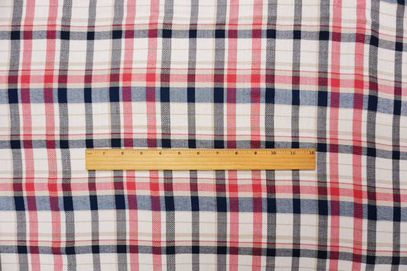 Red-Navy-Multi Rayon Plaid Dobby Challis Woven Fabric