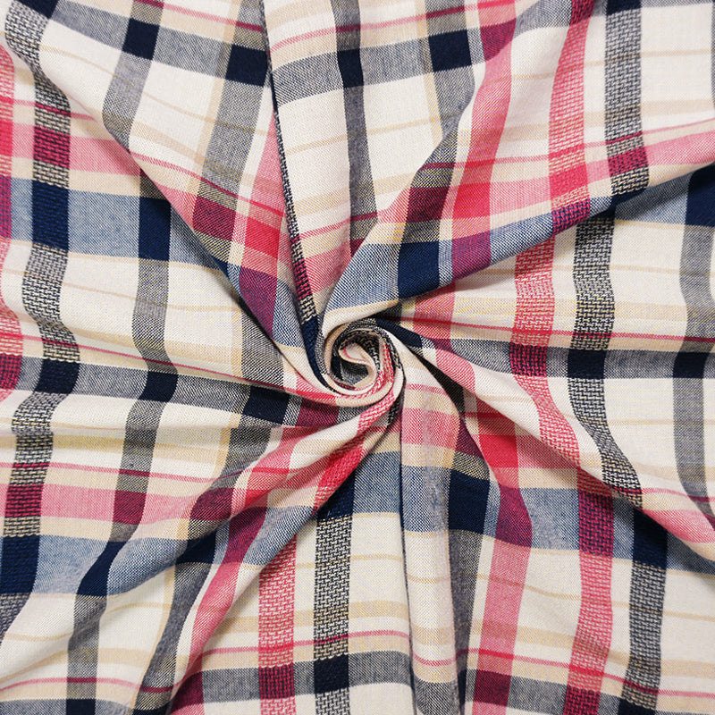 Red-Navy-Multi Rayon Plaid Dobby Challis Woven Fabric