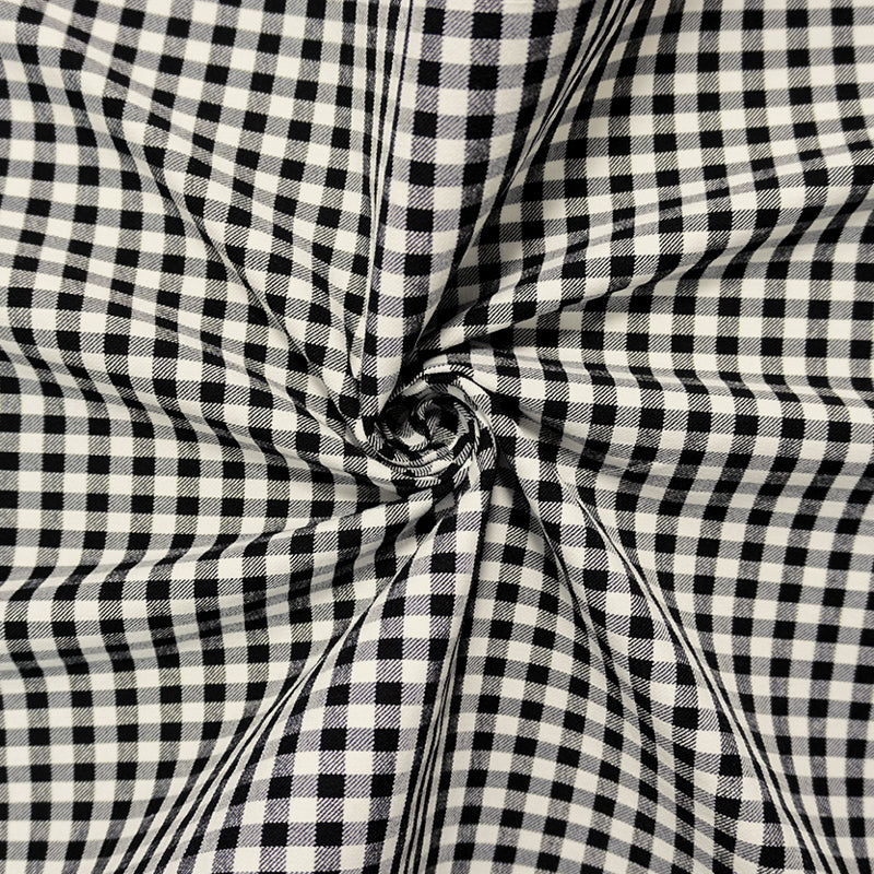 Black-White Rayon Blend Stretch Gingham Check Twill Woven Fabric