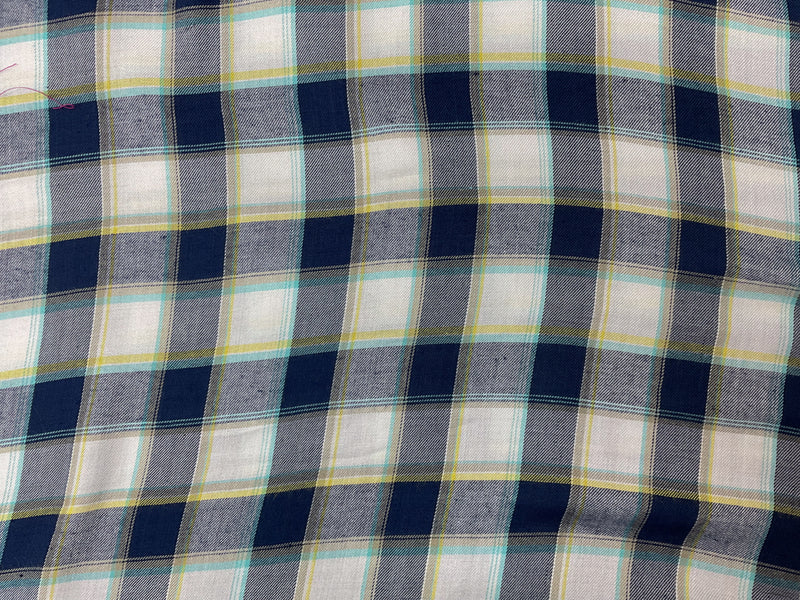 Blue-White-Yellow Rayon Plaid Twill Woven Fabric