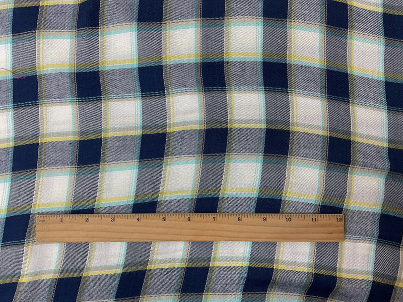 Blue-White-Yellow Rayon Plaid Twill Woven Fabric