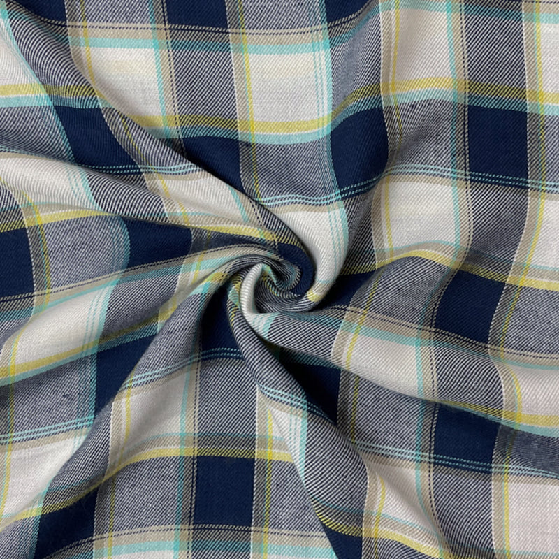 Blue-White-Yellow Rayon Plaid Twill Woven Fabric
