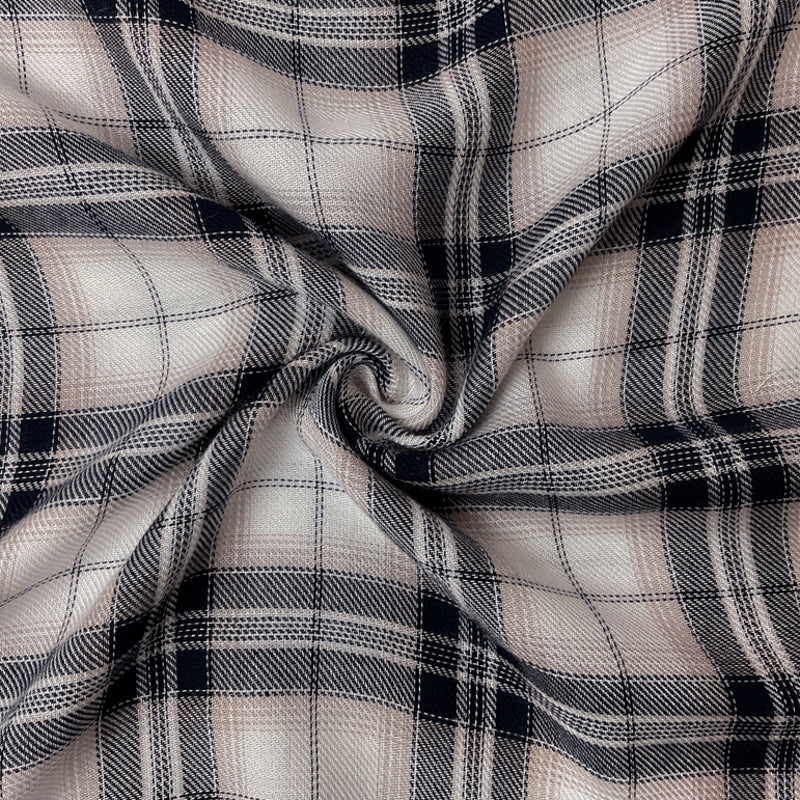 White-Navy-Beige Rayon Plaid Twill Woven Fabric