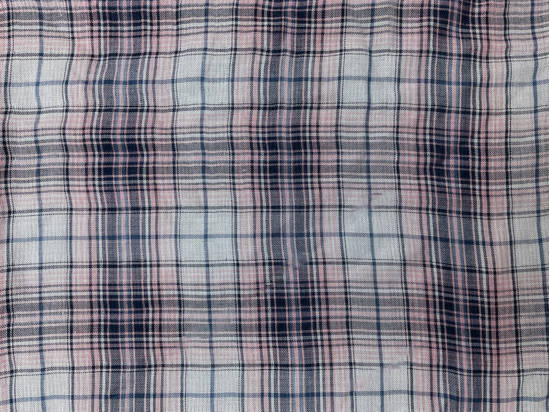 Blue-Pink-Navy Rayon Plaid-Stripe Double Gauze Woven Fabric