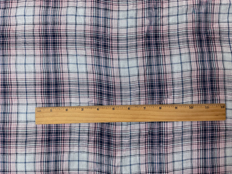 Blue-Pink-Navy Rayon Plaid-Stripe Double Gauze Woven Fabric