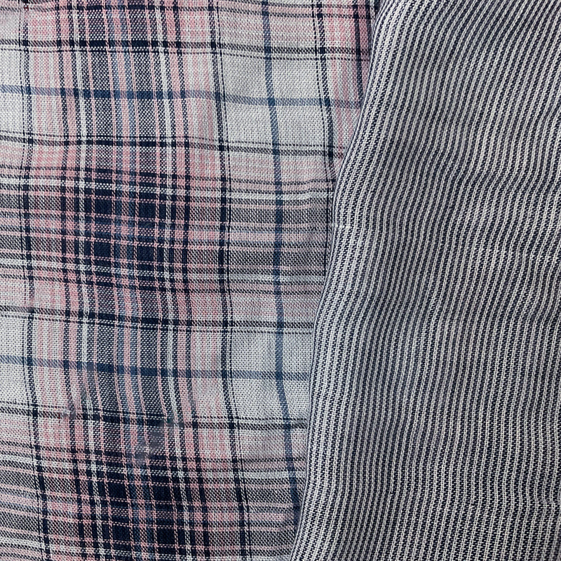 Blue-Pink-Navy Rayon Plaid-Stripe Double Gauze Woven Fabric