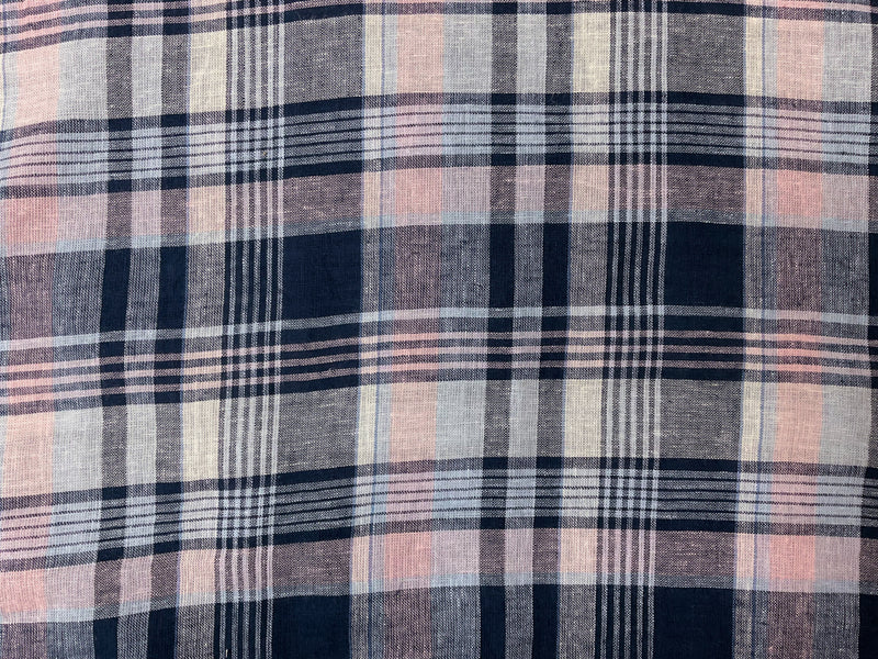 Navy-Pink-White Rayon-Linen Plaid Woven Shirting Fabric