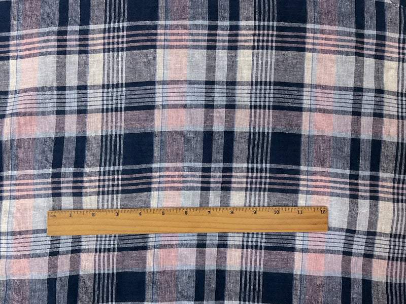 Navy-Pink-White Rayon-Linen Plaid Woven Shirting Fabric