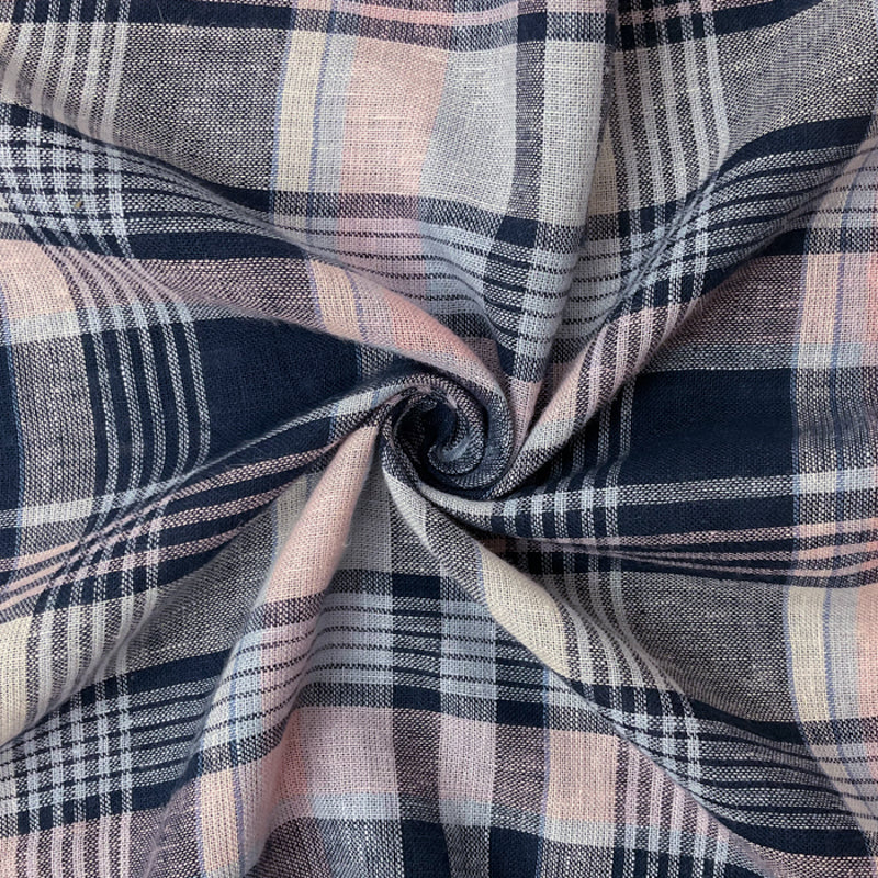Navy-Pink-White Rayon-Linen Plaid Woven Shirting Fabric