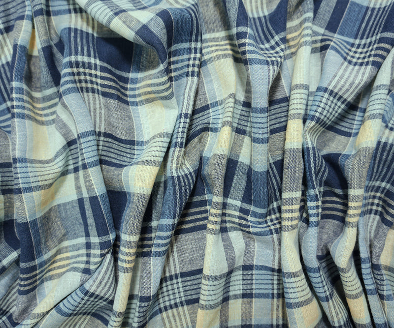 Blue-Yellow-Multi Cotton Rayon Plaid Woven Fabric