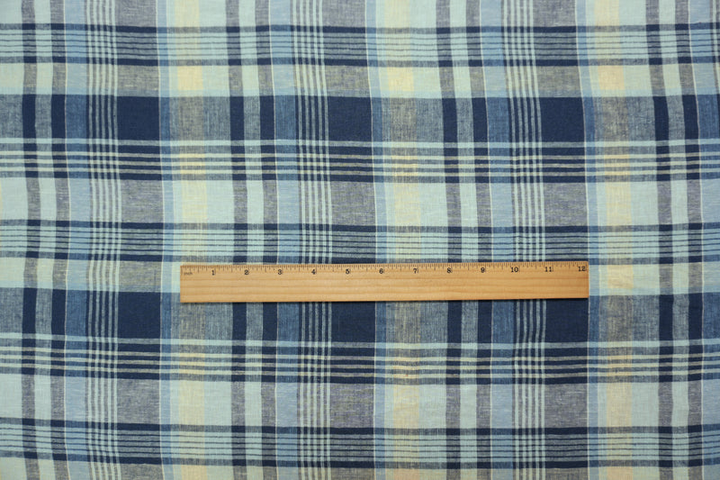 Blue-Yellow-Multi Cotton Rayon Plaid Woven Fabric