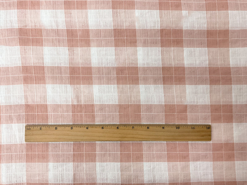 Apricot-Beige-White Cotton Spandex Check Dobby Woven Fabric