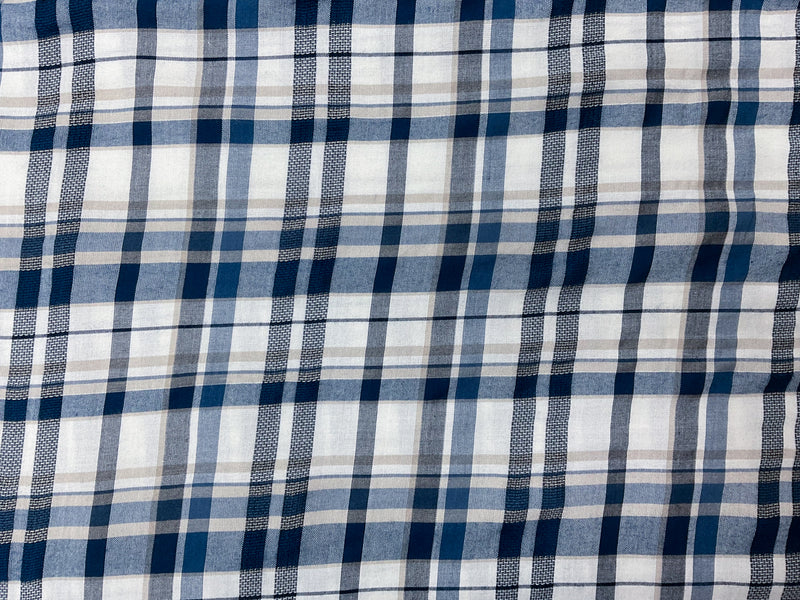 Blue-White-Beige Rayon Plaid Dobby Woven Fabric