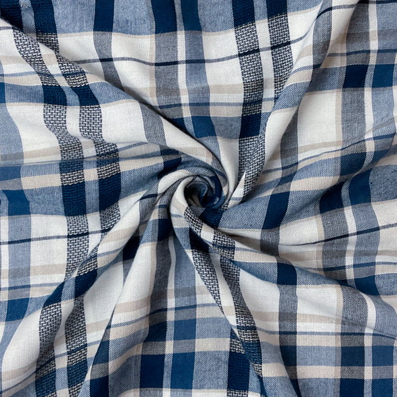 Blue-White-Beige Rayon Plaid Dobby Woven Fabric