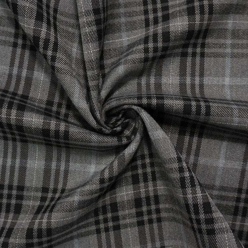 Gray Poly Rayon Spandex Stretch Plaid Twill Woven Fabric
