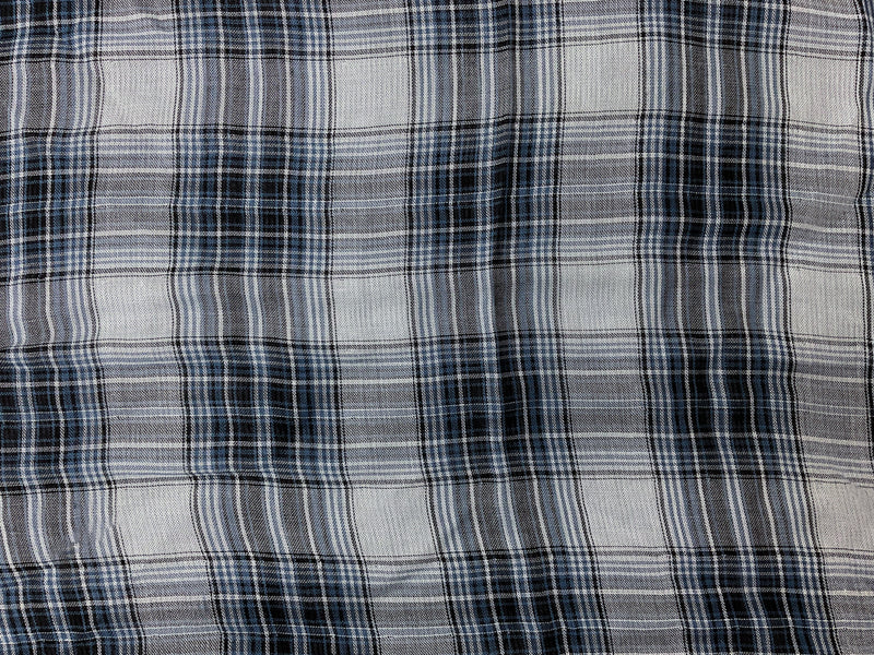 Blue-Black-White Rayon Plaid-Stripe Double Gauze Woven Fabric