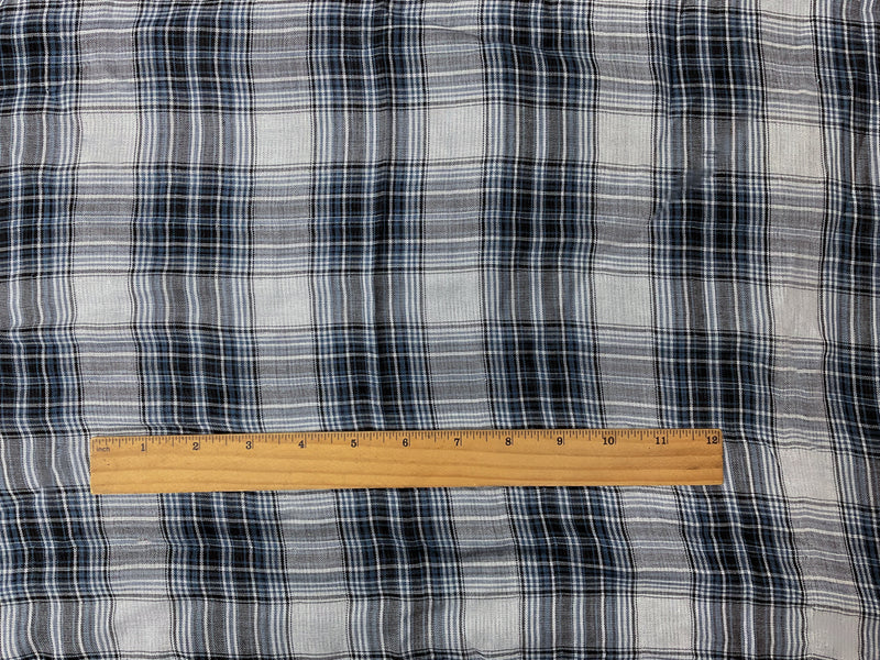 Blue-Black-White Rayon Plaid-Stripe Double Gauze Woven Fabric