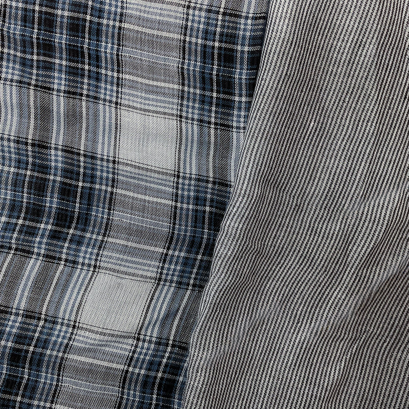 Blue-Black-White Rayon Plaid-Stripe Double Gauze Woven Fabric