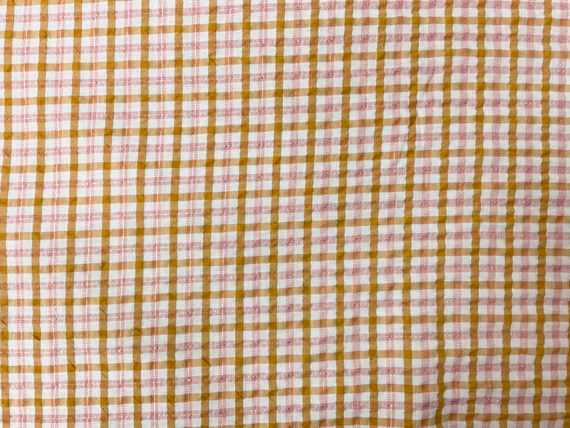 Brown-Gold-White Poly Lurex Check Seersucker Woven Fabric