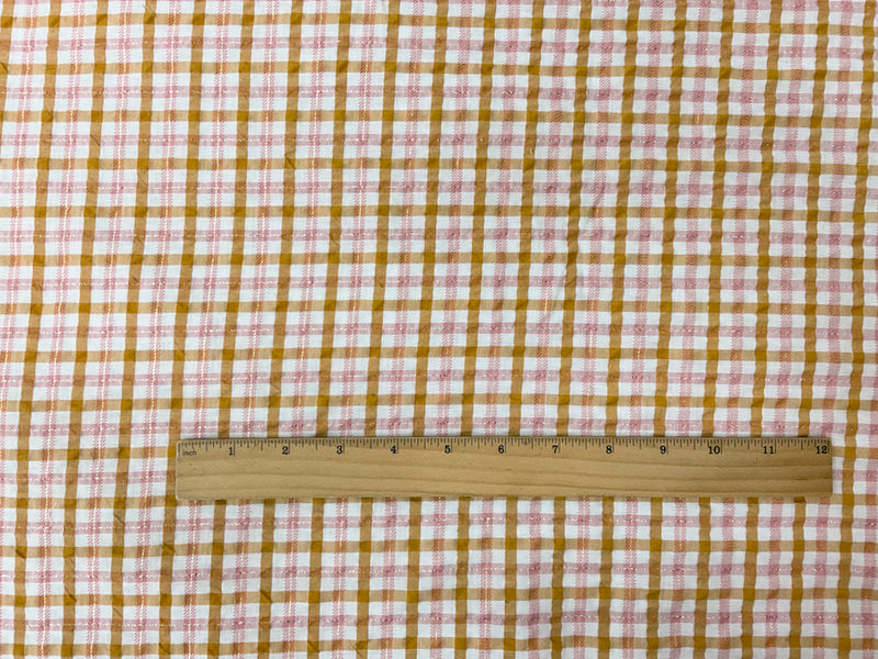 Brown-Gold-White Poly Lurex Check Seersucker Woven Fabric