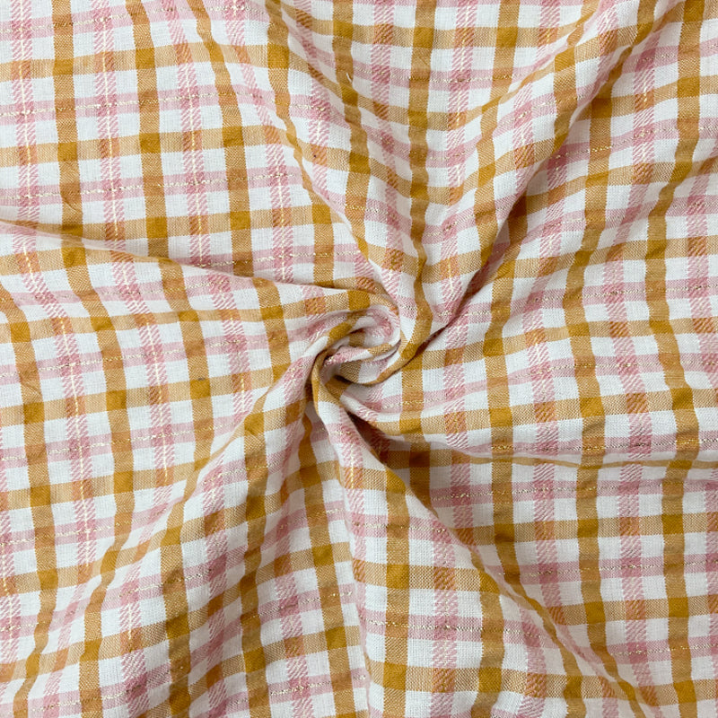 Brown-Gold-White Poly Lurex Check Seersucker Woven Fabric