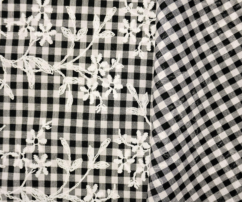 Black-White Poly Cotton Floral Printed Gingham Woven Fabric