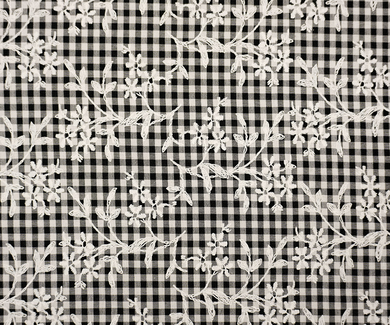 Black-White Poly Cotton Floral Printed Gingham Woven Fabric