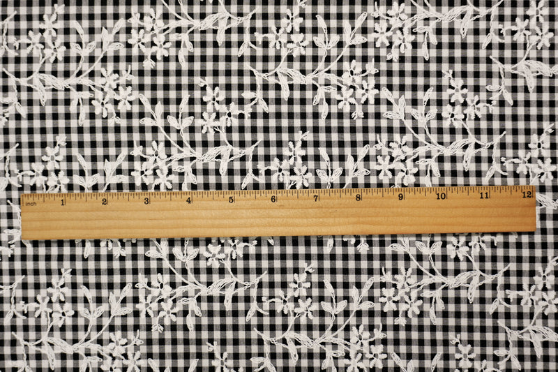 Black-White Poly Cotton Floral Printed Gingham Woven Fabric