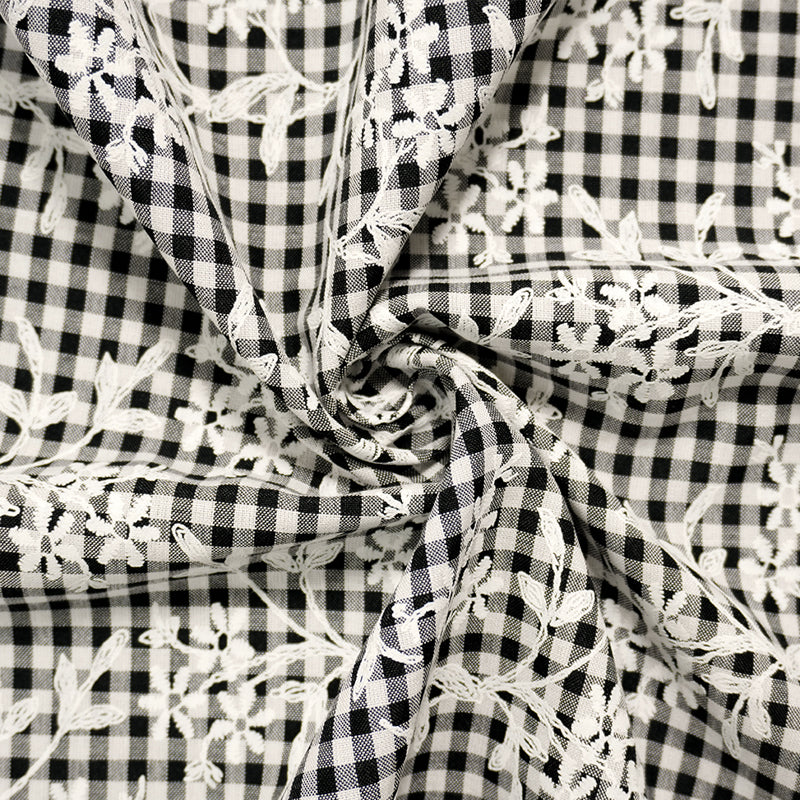 Black-White Poly Cotton Floral Printed Gingham Woven Fabric