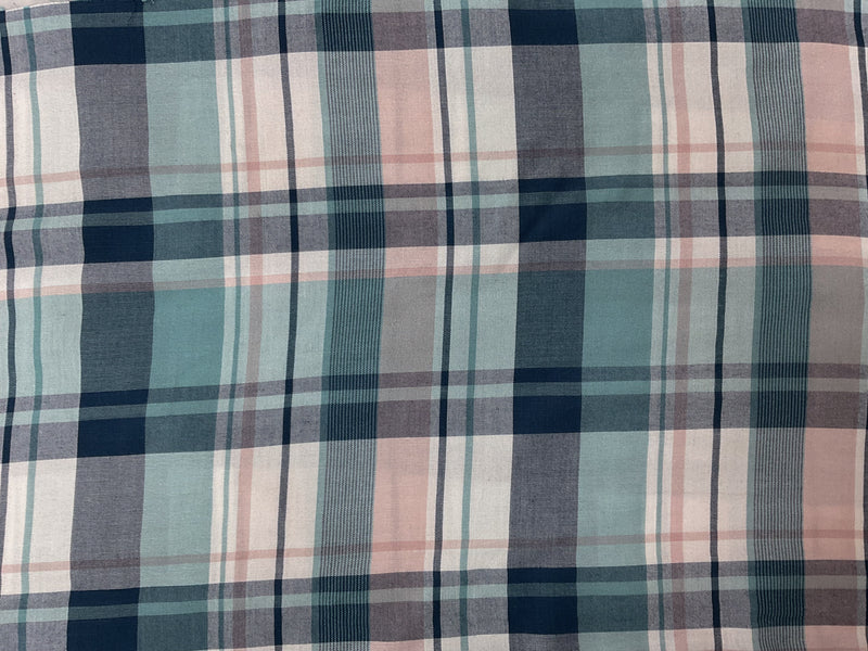 Teal-Pink-White Rayon Plaid Twill Woven Fabric