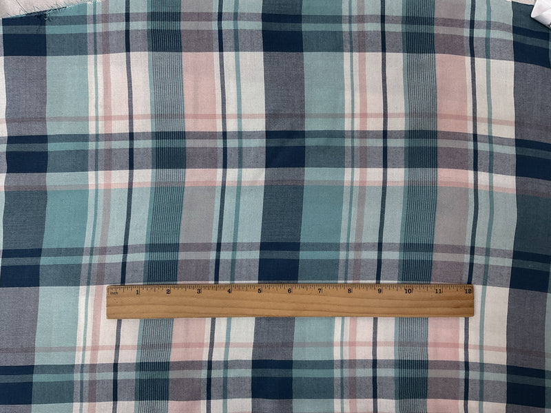 Teal-Pink-White Rayon Plaid Twill Woven Fabric