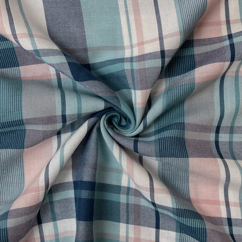 Teal-Pink-White Rayon Plaid Twill Woven Fabric