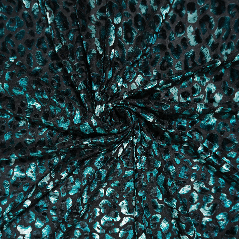 Teal-Black Designer Poly Blend Leopard Burnout Velvet Knit Fabric