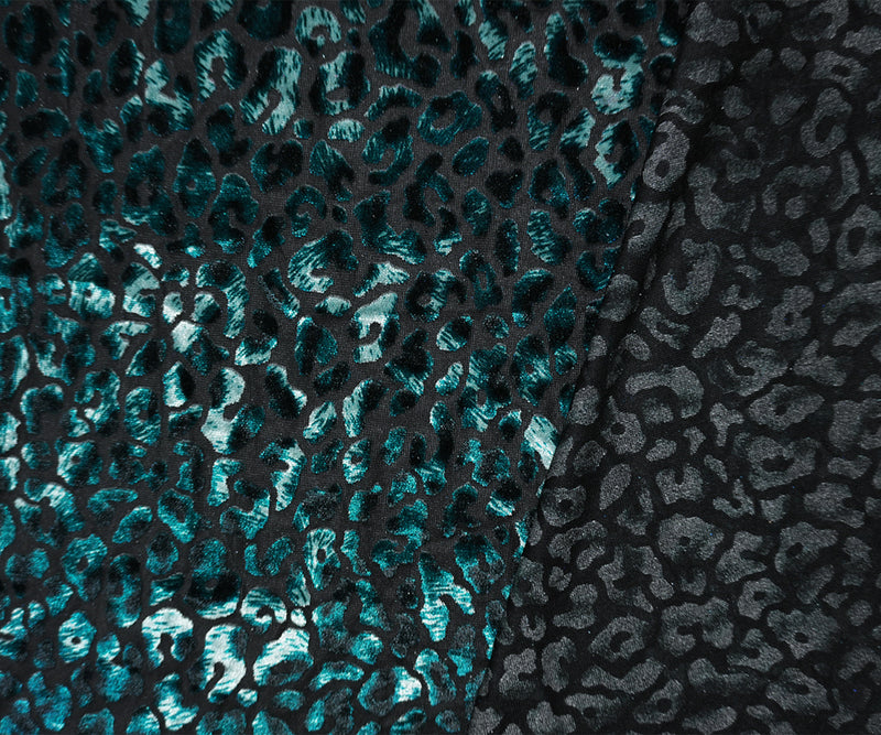 Teal-Black Designer Poly Blend Leopard Burnout Velvet Knit Fabric