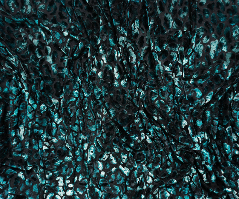 Teal-Black Designer Poly Blend Leopard Burnout Velvet Knit Fabric