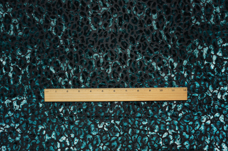 Teal-Black Designer Poly Blend Leopard Burnout Velvet Knit Fabric