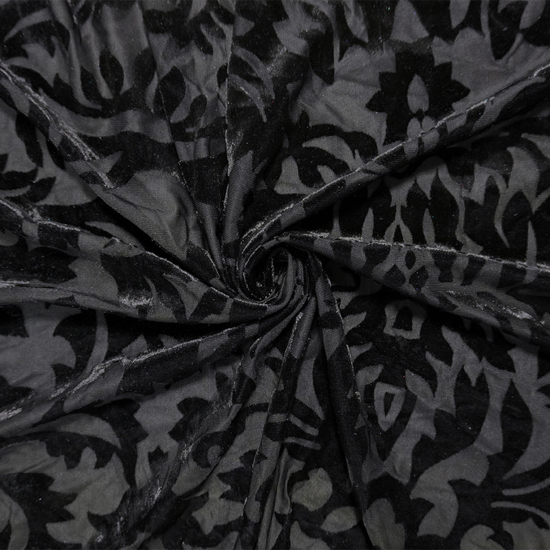 Black Designer Poly Blend Floral Burnout Velvet Knit Fabric