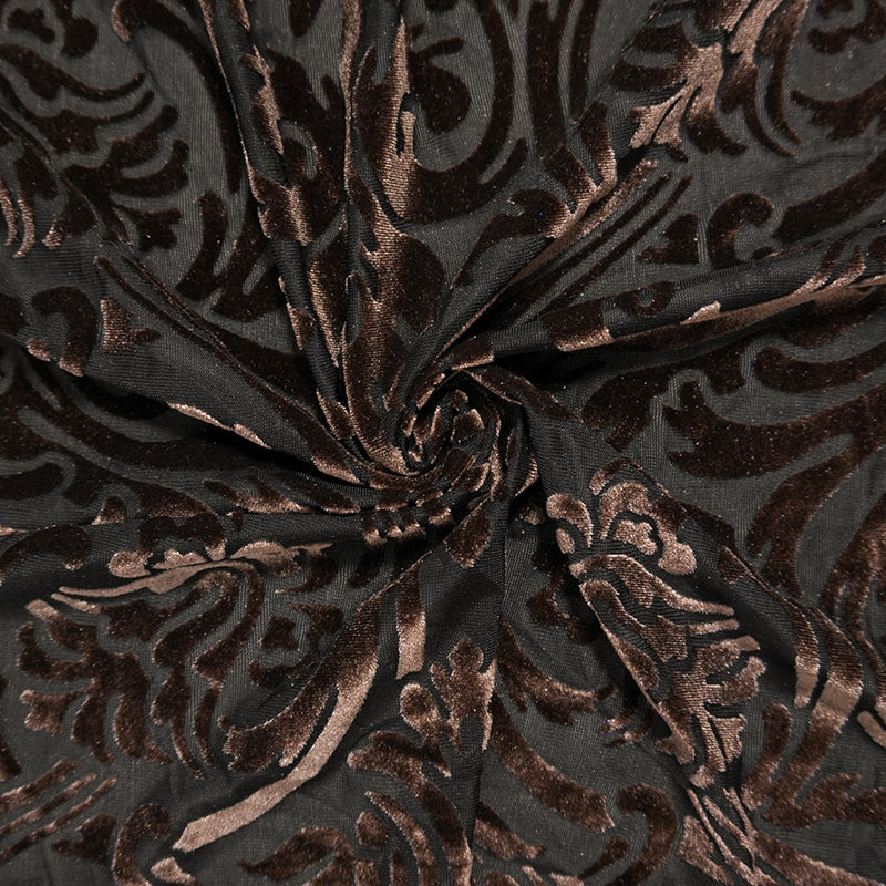 Brown Designer Poly Blend Floral Burnout Velvet Knit Fabric